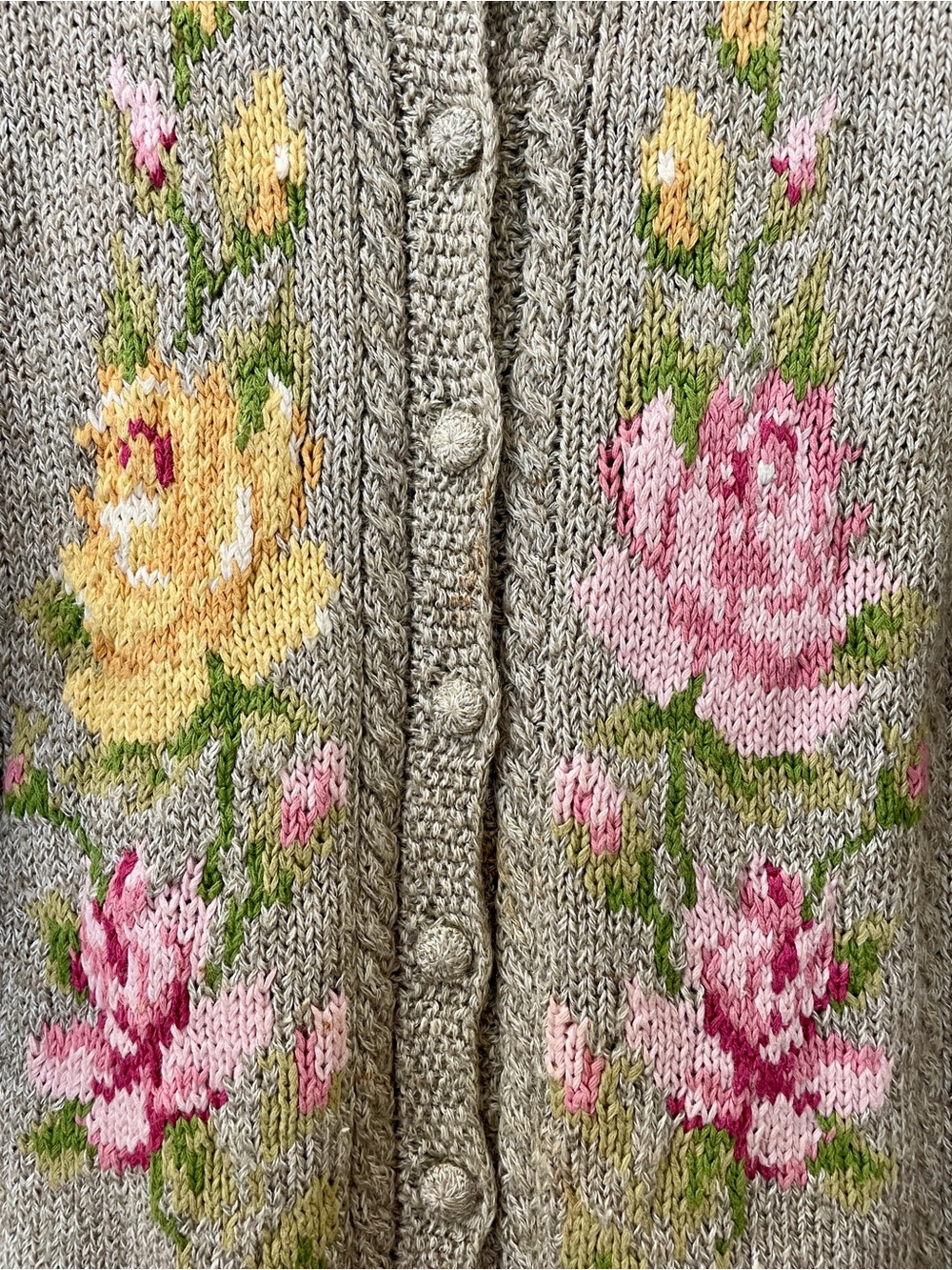 Vintage 1990s Susan Bristol Floral Ramie Cotton Knit Cardigan Sweater M - Picture 3 of 8